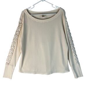 Sundance Waffle Thermal Knit Top XL Ivory Crochet Lace Sleeve Detail Cotton EUC